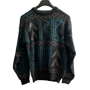 Vintage Atlantic Traders Sweater  M Dark Geo Print Leather‎ Trim Grandpa Grunge